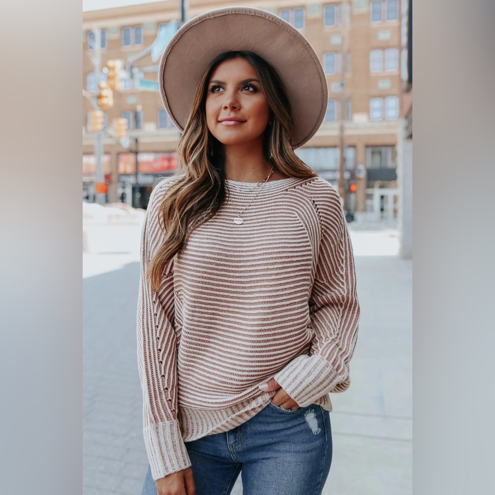 $69 Magnolia Boutique Two Tone Boatneck Camel Ribbed Sweater M